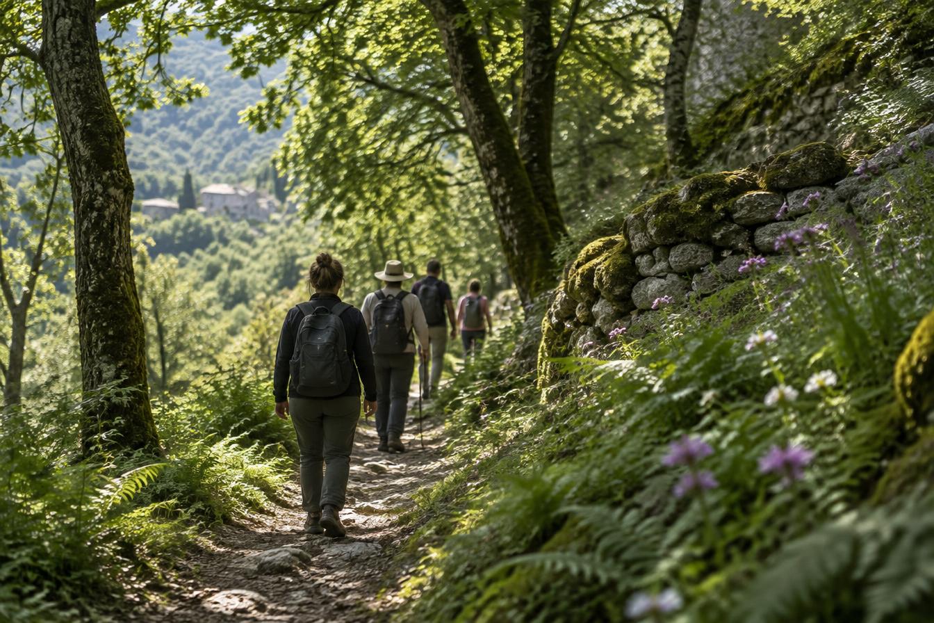 Petit groupe marchant sur un sentier ombragé en forêt des Cévennes